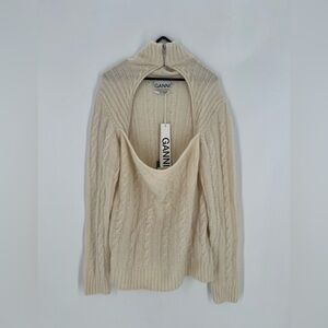 Ganni Alpaca Wool Blend Cutout Cable Knit Zip Turtleneck Sweater In Cream